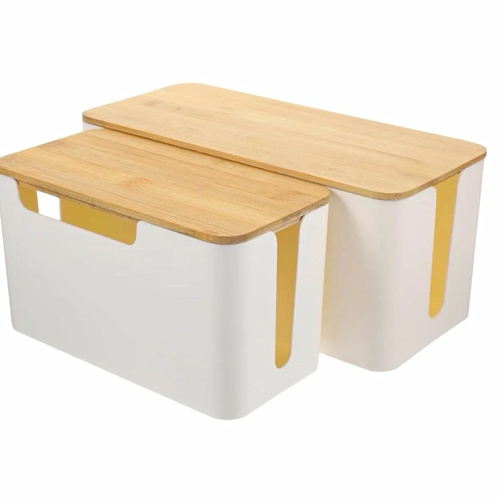 Cable Management Box Cord Organizer w/ Bamboo Lid White 12.18 x 5.58 x 5.11
